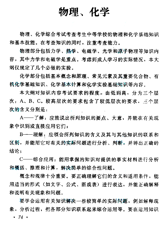 海南成人高考高起点物理化学考试大纲